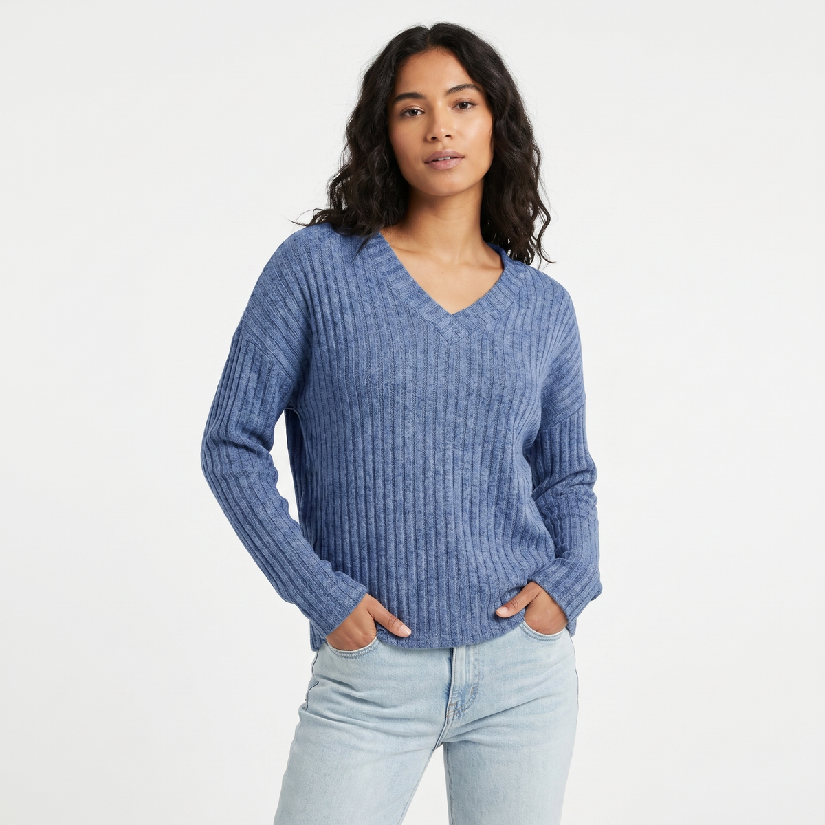 Women's Ribbed V-Neck Long-Sleeve Soft Knit Pullover Winter Sweater