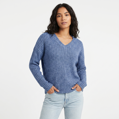 Women's Ribbed V-Neck Long-Sleeve Soft Knit Pullover Winter Sweater