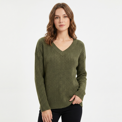 Women's Ribbed V-Neck Long-Sleeve Soft Knit Pullover Winter Sweater