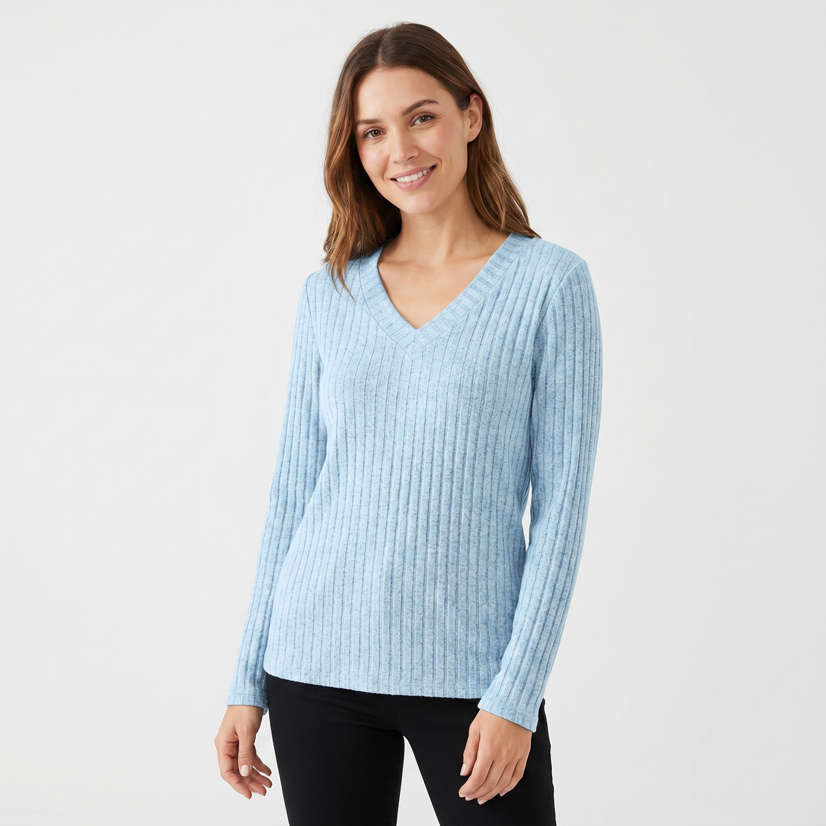 Women's Ribbed V-Neck Long-Sleeve Soft Knit Pullover Winter Sweater