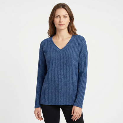 Women's Ribbed V-Neck Long-Sleeve Soft Knit Pullover Winter Sweater