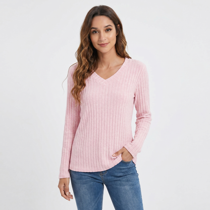 Women's Ribbed V-Neck Long-Sleeve Soft Knit Pullover Winter Sweater