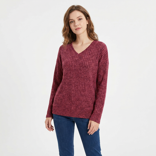 Women's Ribbed V-Neck Long-Sleeve Soft Knit Pullover Winter Sweater