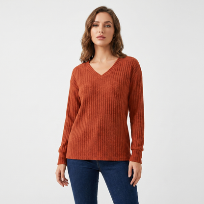 Women's Ribbed V-Neck Long-Sleeve Soft Knit Pullover Winter Sweater