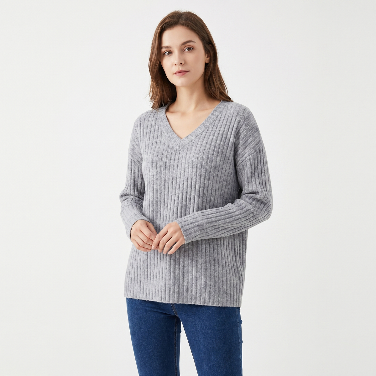 Women's Ribbed V-Neck Long-Sleeve Soft Knit Pullover Winter Sweater