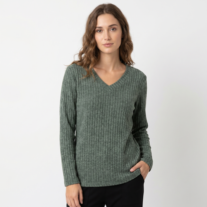 Women's Ribbed V-Neck Long-Sleeve Soft Knit Pullover Winter Sweater