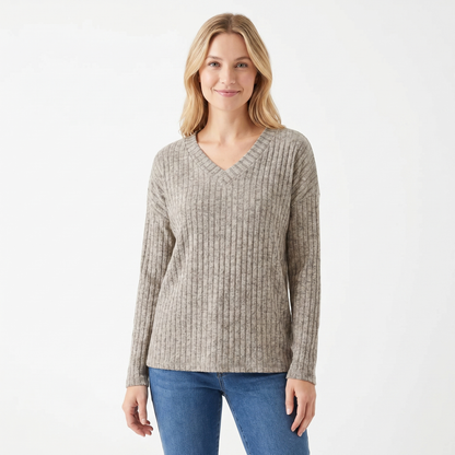 Women's Ribbed V-Neck Long-Sleeve Soft Knit Pullover Winter Sweater