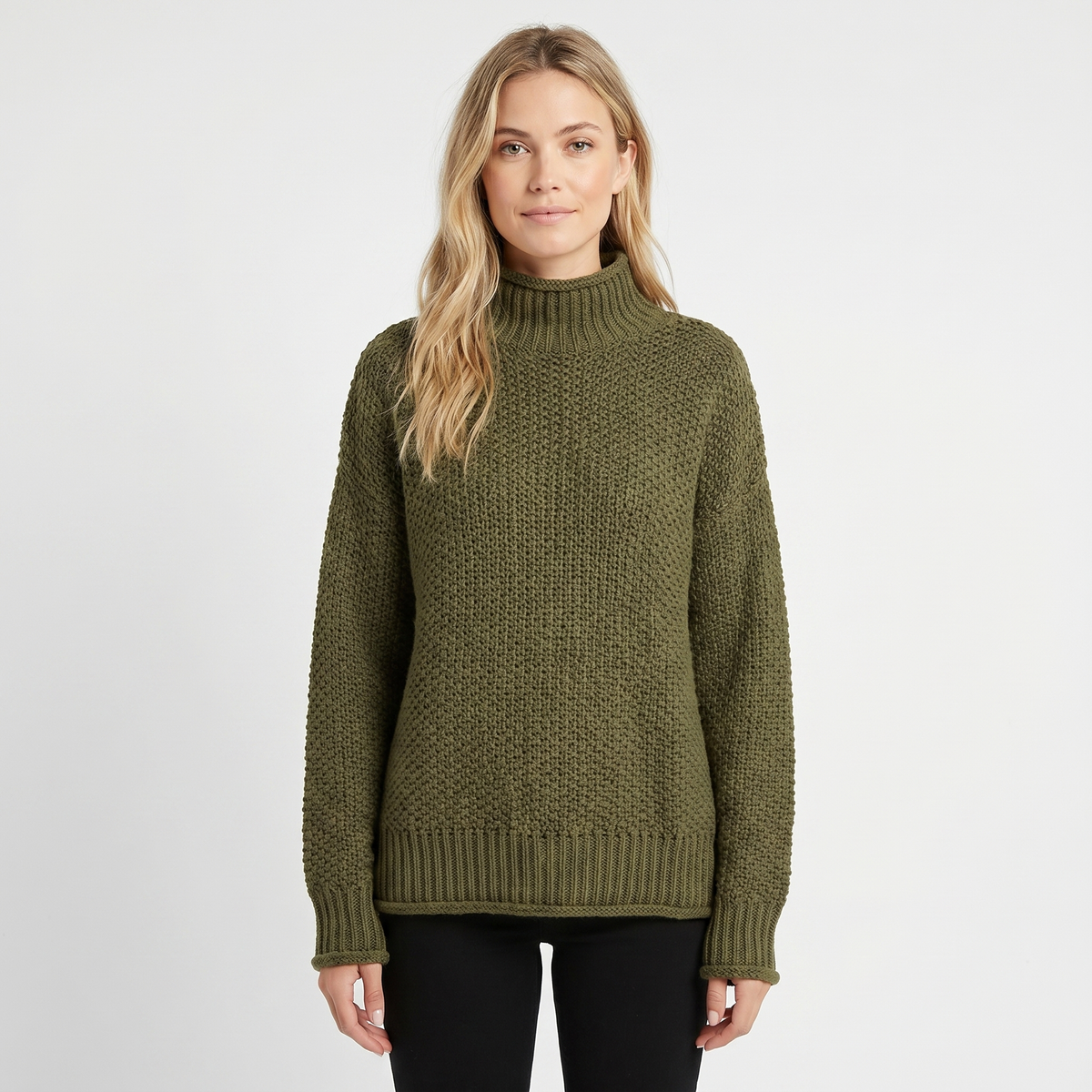 Women's Chunky Knit Mock-Neck Oversized Waffle Stitch Pullover Sweater