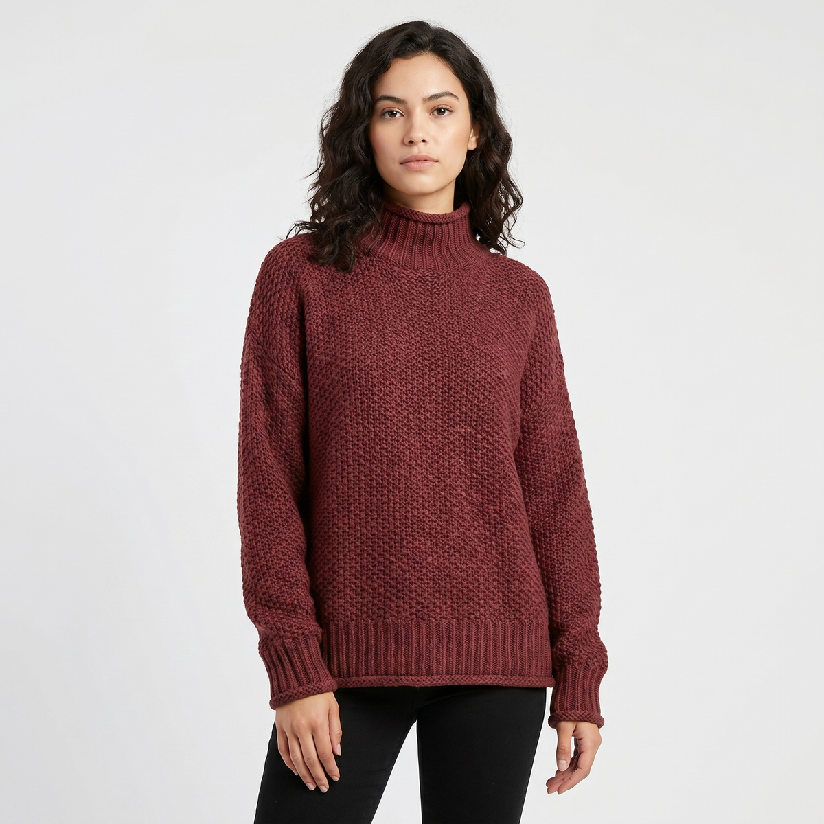 Women's Chunky Knit Mock-Neck Oversized Waffle Stitch Pullover Sweater