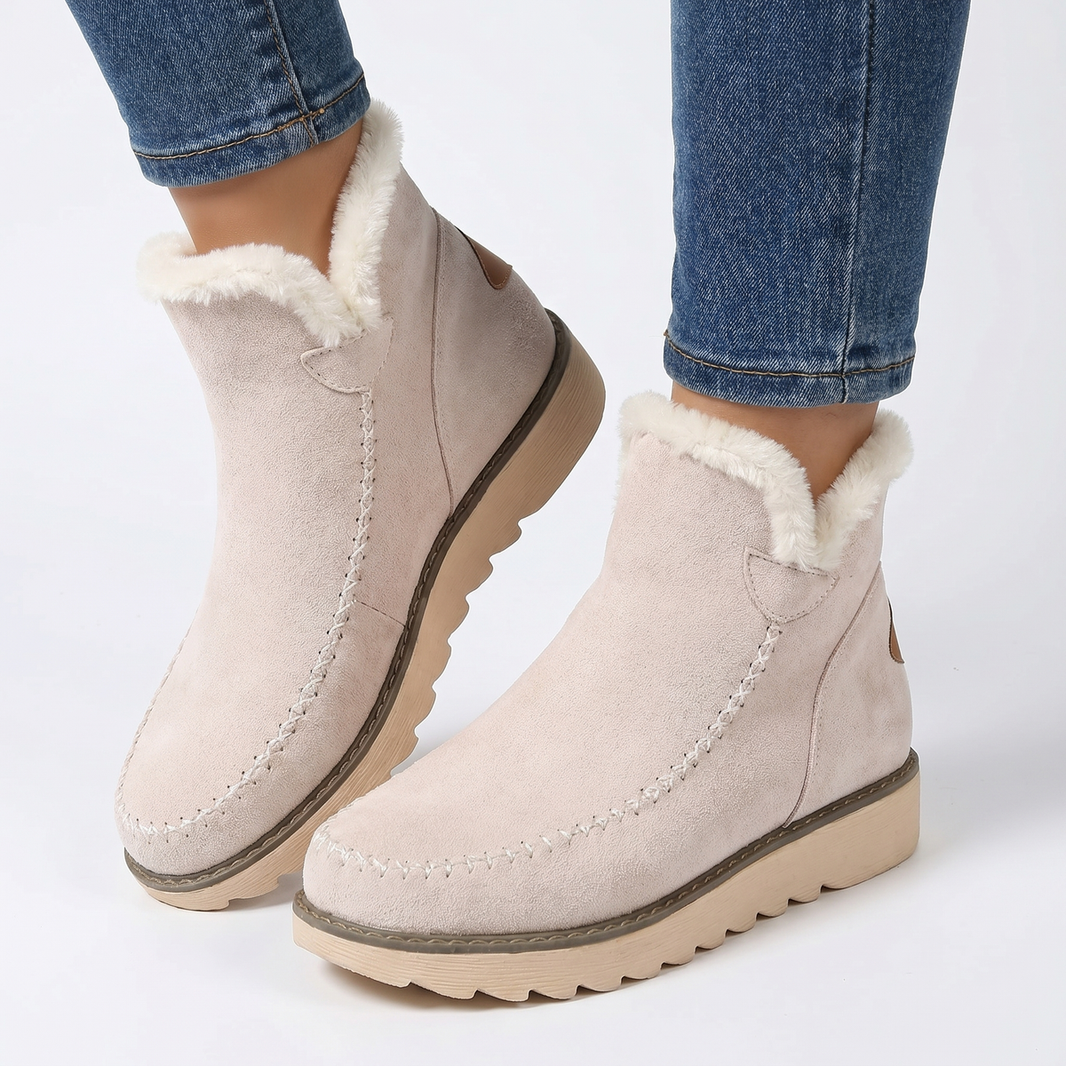 Women's Suede Ankle Snow Boots Sherpa Lined Slip-On Platform Winter Booties