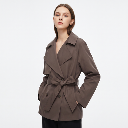 Women's Short Trench Coat Double Breasted Belted Cropped Lapel Spring Jacket