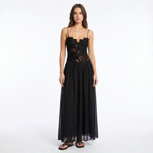 Women's Lace Bodice Maxi Dress Spaghetti Strap Sheer Floral Evening Dress