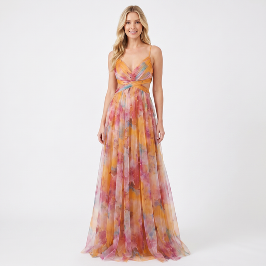 Women's Floral Print Tulle Maxi Dress V-Neck Spaghetti Strap Formal Gown