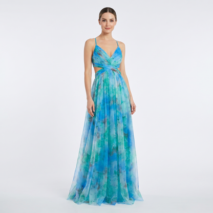 Women's Floral Print Tulle Maxi Dress V-Neck Spaghetti Strap Formal Gown