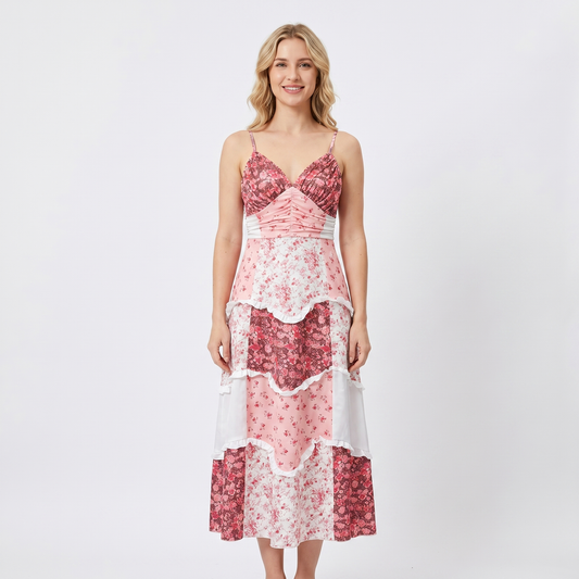 Women's Floral Tiered Maxi Dress Spaghetti Strap Ruched Bodice Boho Summer Dress