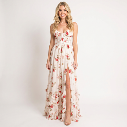 Women's Floral Chiffon Maxi Dress Spaghetti Strap Corset Bodice Front Slit Summer Dress