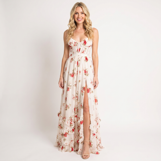 Women's Floral Chiffon Maxi Dress Spaghetti Strap Corset Bodice Front Slit Summer Dress