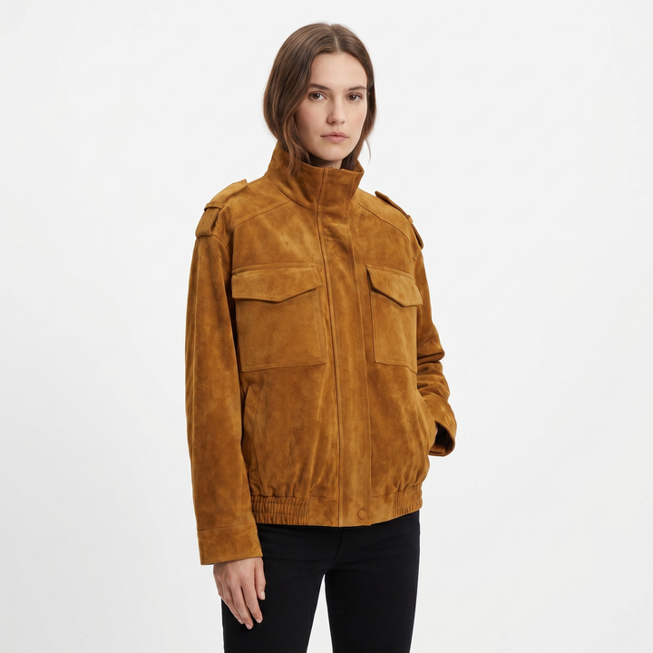 Chaqueta bomber de ante para mujer con cuello alto, bolsillo en el pecho, charretera, estilo oversize
