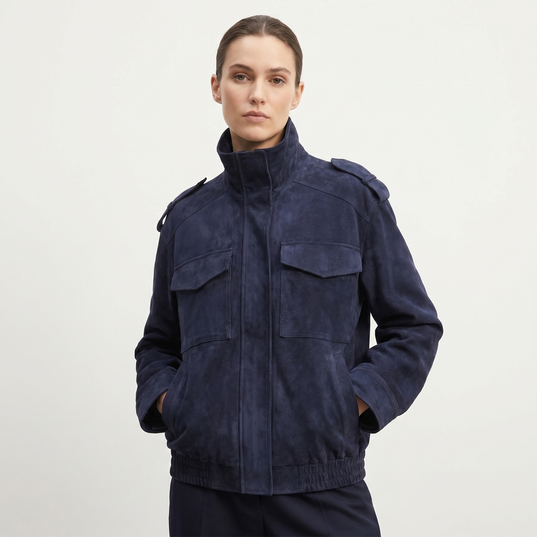 Chaqueta bomber de ante para mujer con cuello alto, bolsillo en el pecho, charretera, estilo oversize