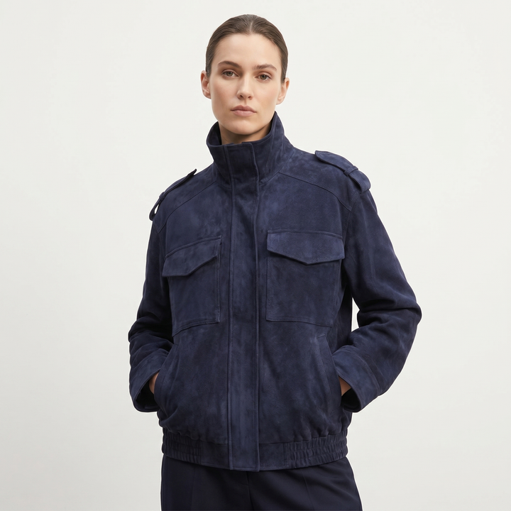 Chaqueta bomber de ante para mujer con cuello alto, bolsillo en el pecho, charretera, estilo oversize