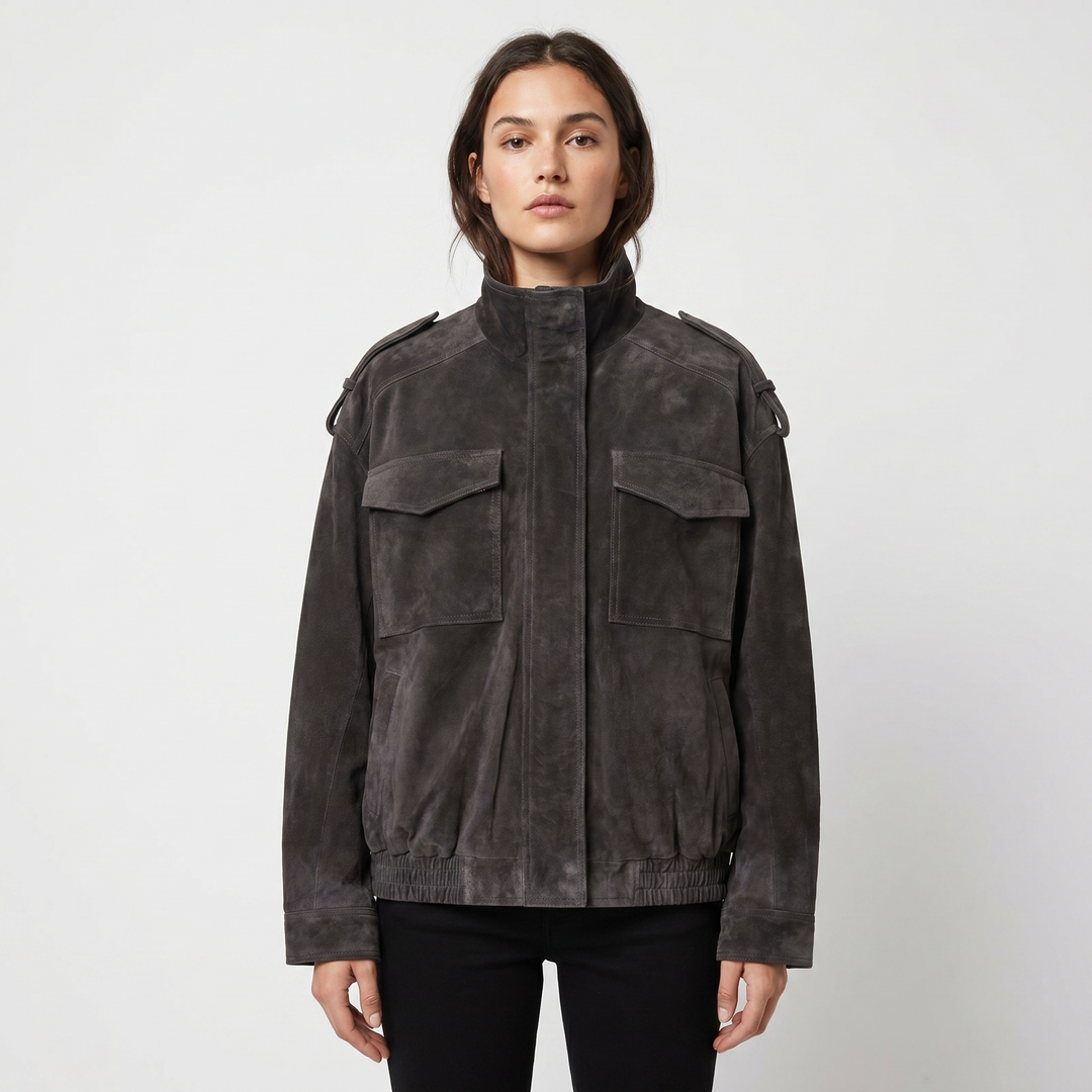 Chaqueta bomber de ante para mujer con cuello alto, bolsillo en el pecho, charretera, estilo oversize
