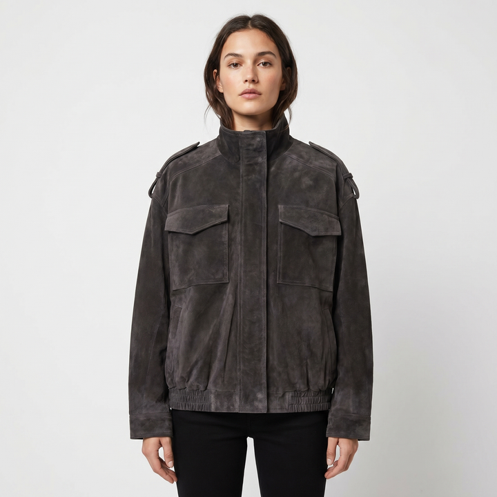 Chaqueta bomber de ante para mujer con cuello alto, bolsillo en el pecho, charretera, estilo oversize