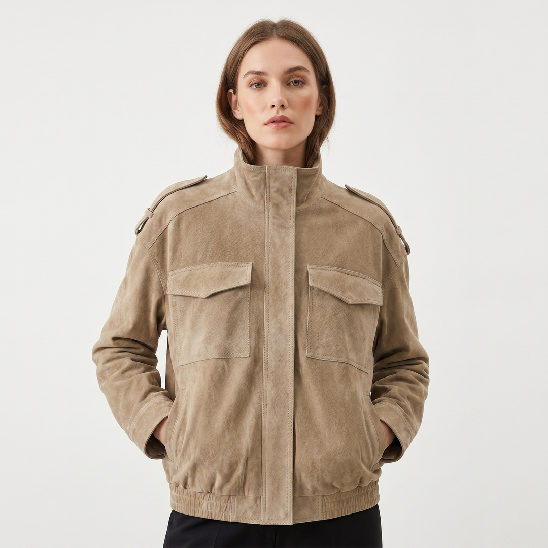 Chaqueta bomber de ante para mujer con cuello alto, bolsillo en el pecho, charretera, estilo oversize