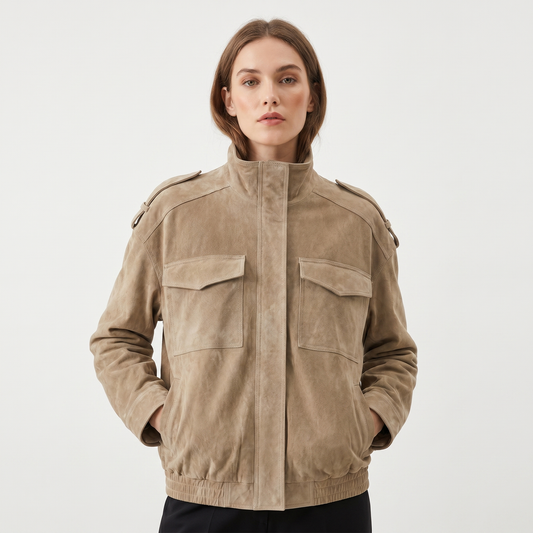 Women's Suede Leather Bomber Jacket Stand Collar Chest Pocket Epaulette Oversized