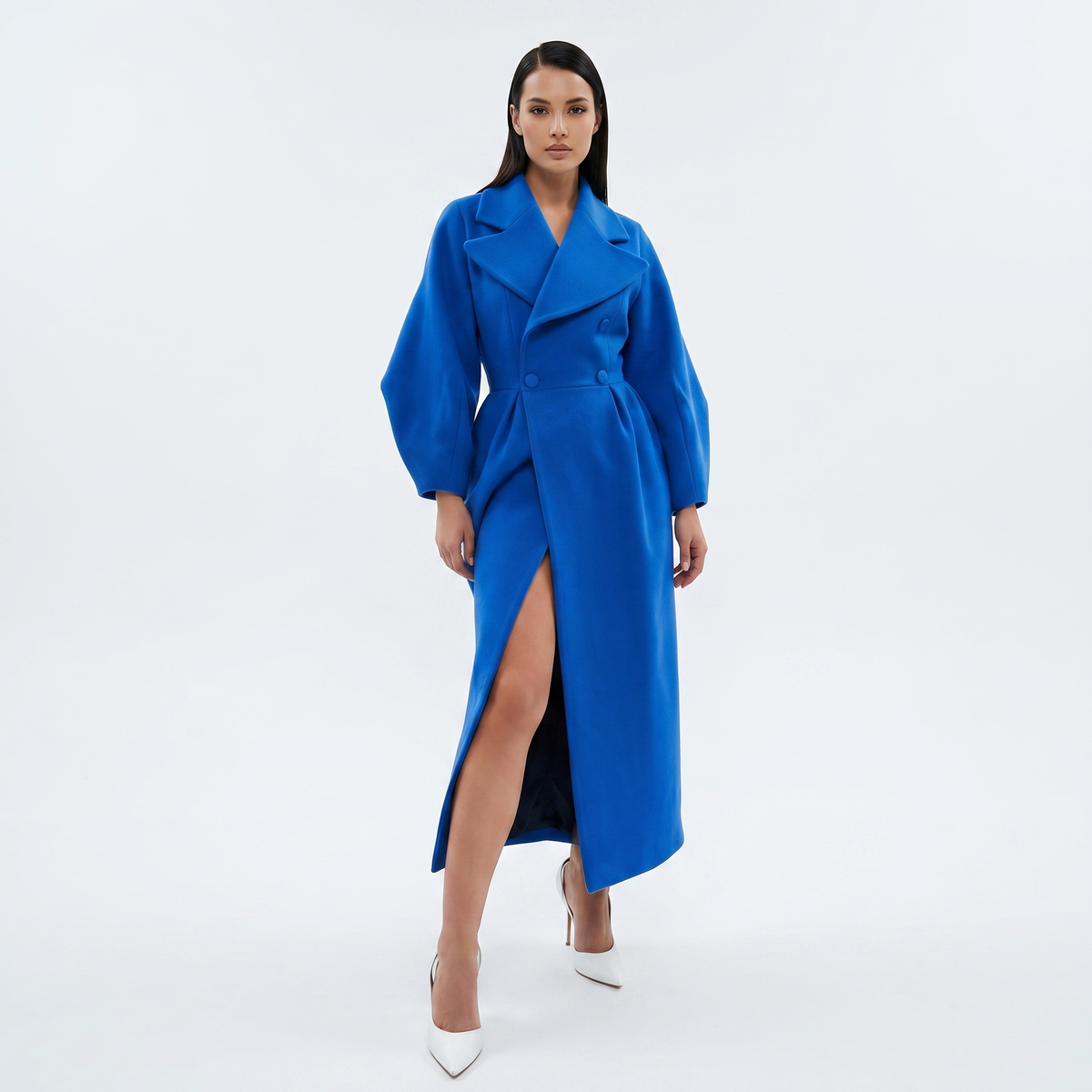 Women's Longline Wrap Coat Oversized Notch Lapel Balloon Sleeve Maxi