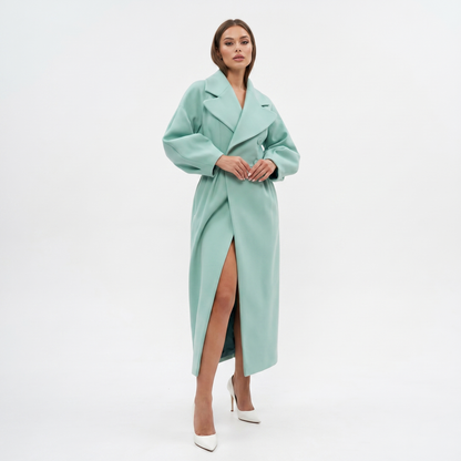 Women's Longline Wrap Coat Oversized Notch Lapel Balloon Sleeve Maxi