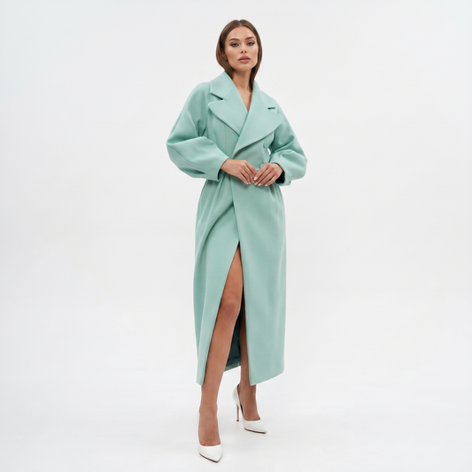 Women's Longline Wrap Coat Oversized Notch Lapel Balloon Sleeve Maxi