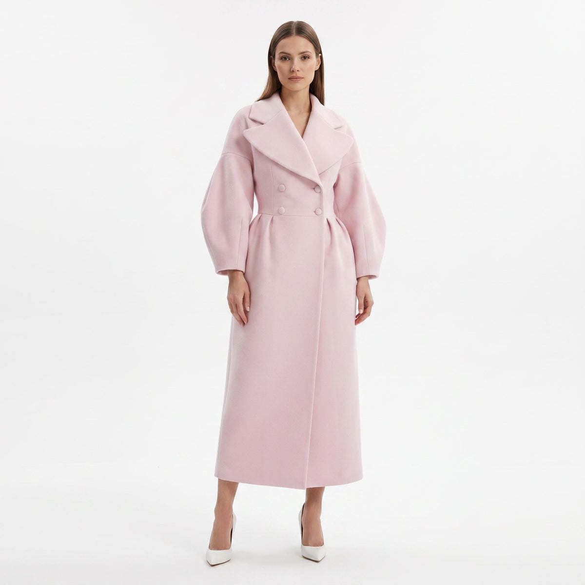Women's Longline Wrap Coat Oversized Notch Lapel Balloon Sleeve Maxi