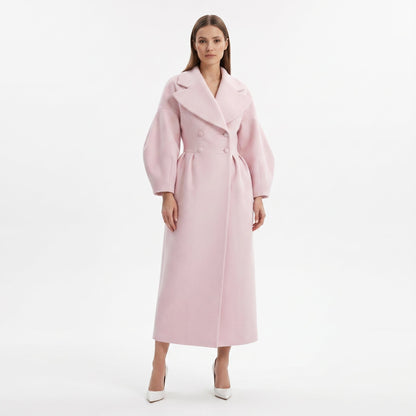 Women's Longline Wrap Coat Oversized Notch Lapel Balloon Sleeve Maxi