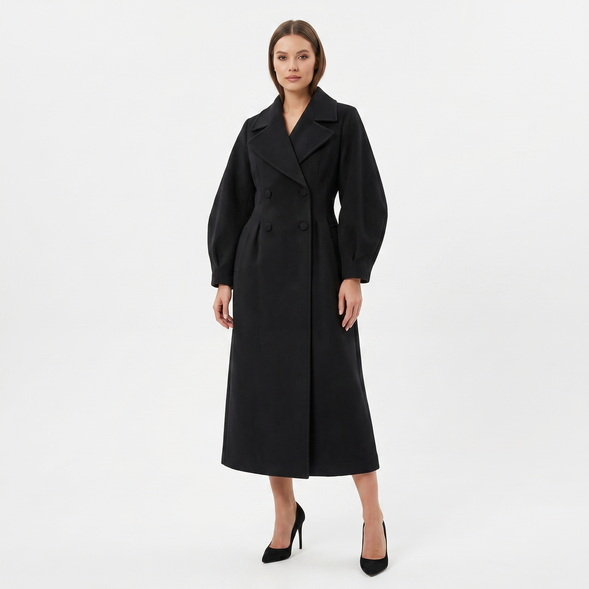 Women's Longline Wrap Coat Oversized Notch Lapel Balloon Sleeve Maxi
