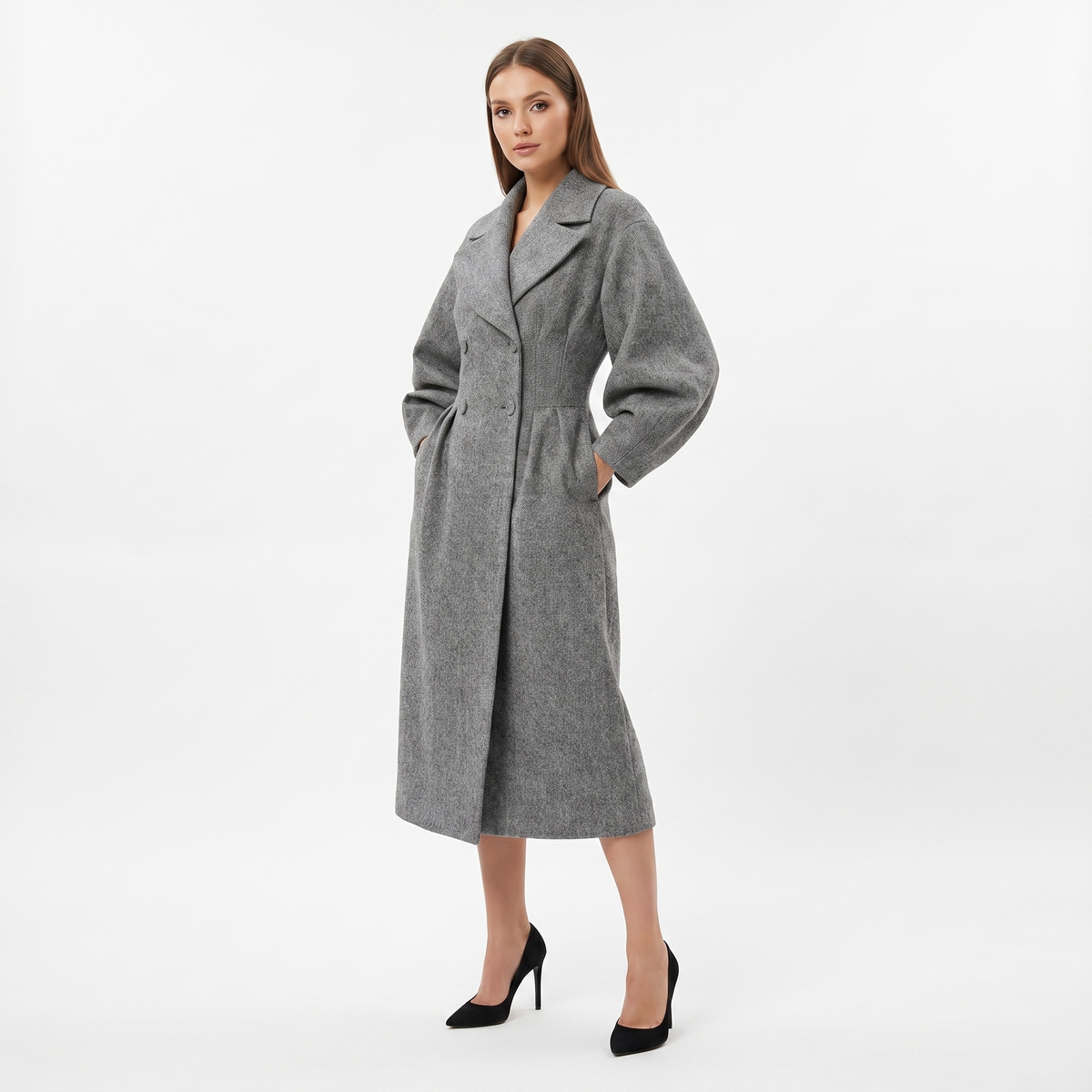 Women's Longline Wrap Coat Oversized Notch Lapel Balloon Sleeve Maxi