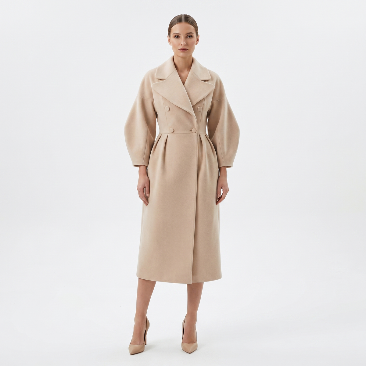 Women's Longline Wrap Coat Oversized Notch Lapel Balloon Sleeve Maxi