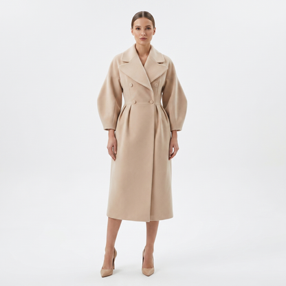 Women's Longline Wrap Coat Oversized Notch Lapel Balloon Sleeve Maxi