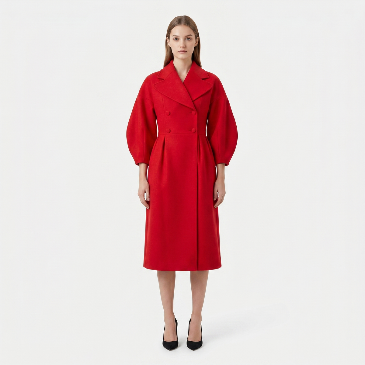 Women's Longline Wrap Coat Oversized Notch Lapel Balloon Sleeve Maxi