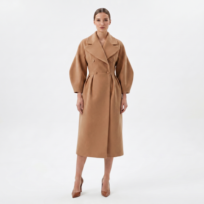Women's Longline Wrap Coat Oversized Notch Lapel Balloon Sleeve Maxi