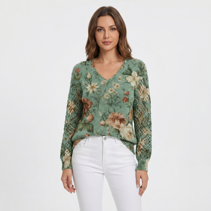 Women's Floral Jacquard Knit Sweater V-Neck Crochet Sleeve Pullover Top