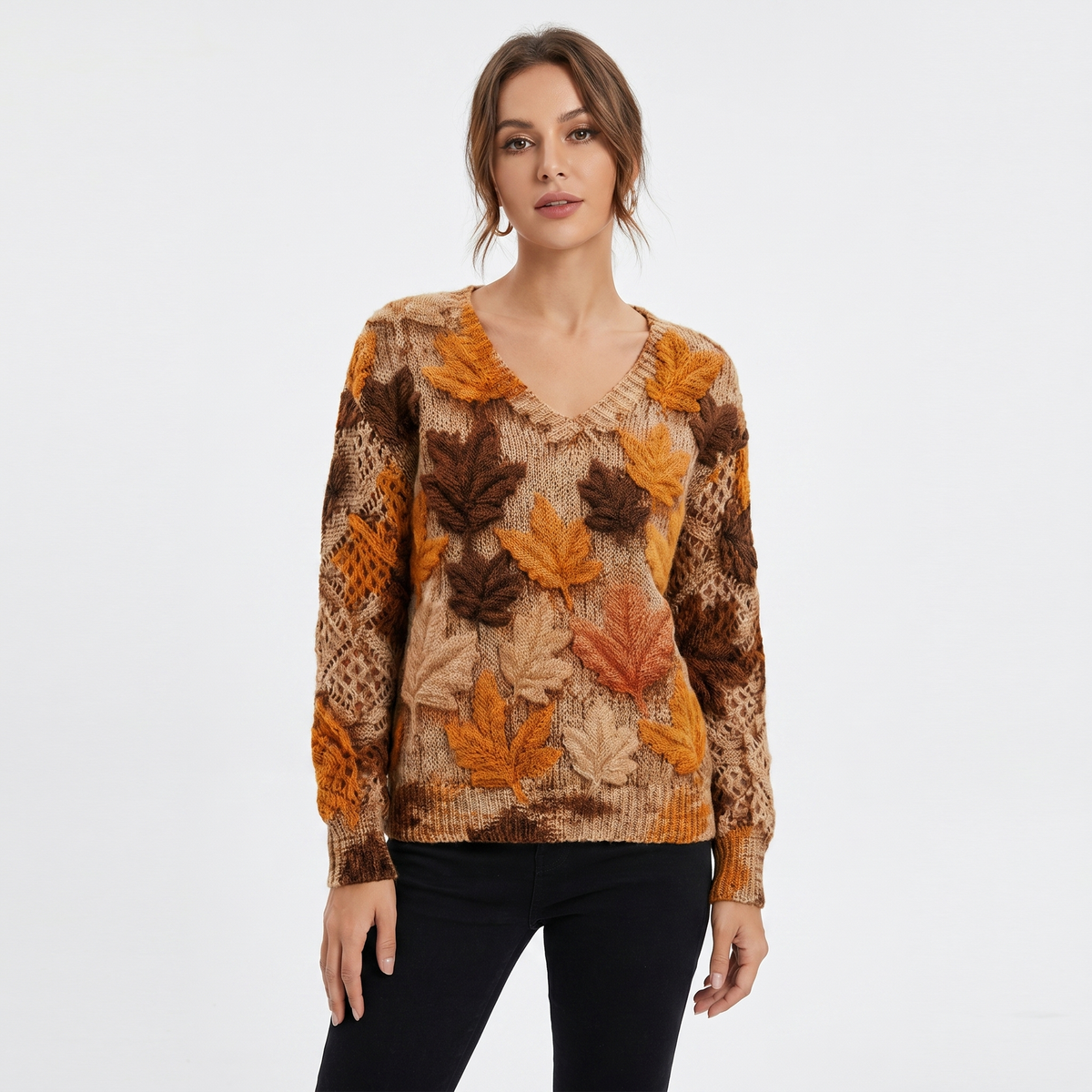 Women's Floral Jacquard Knit Sweater V-Neck Crochet Sleeve Pullover Top