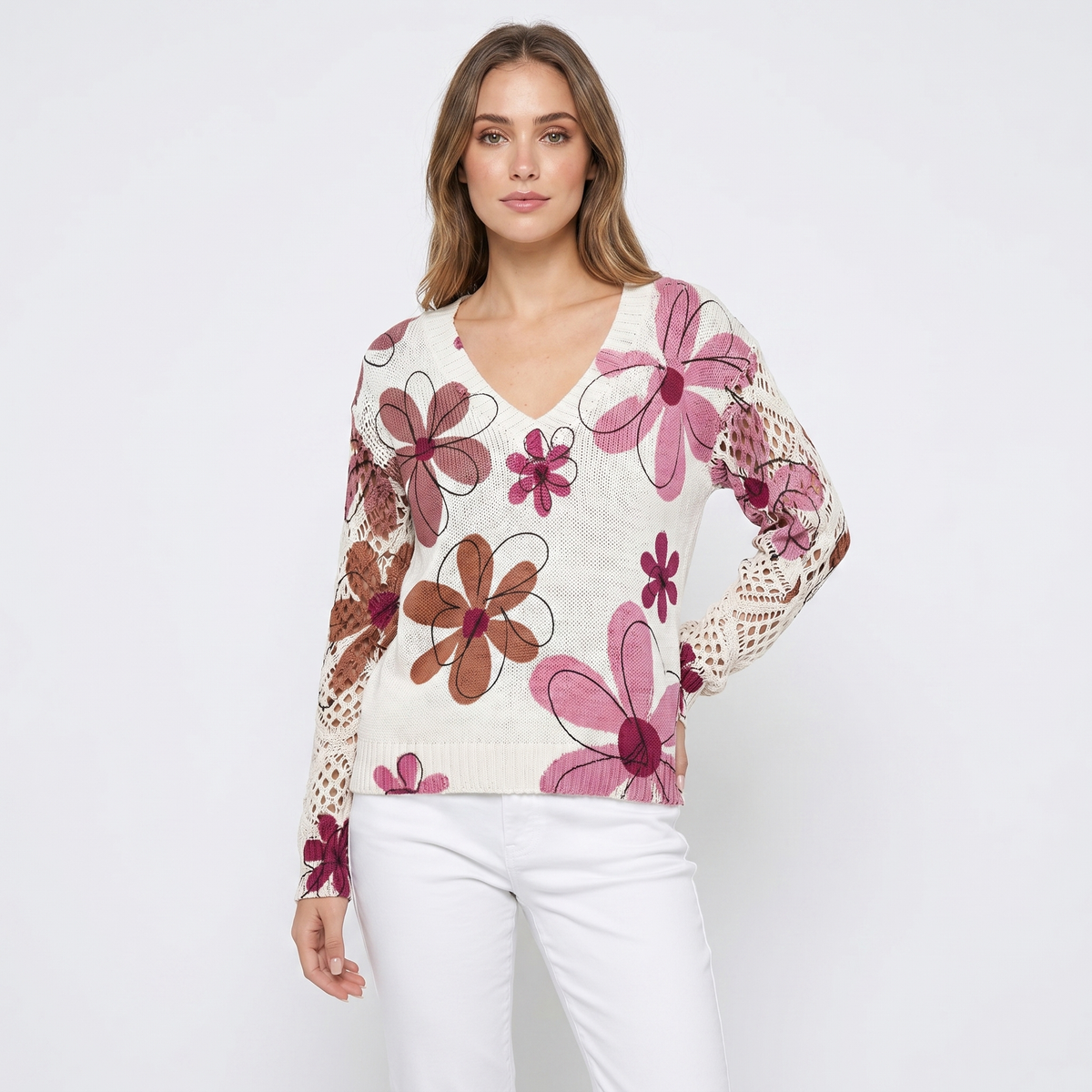 Women's Floral Jacquard Knit Sweater V-Neck Crochet Sleeve Pullover Top