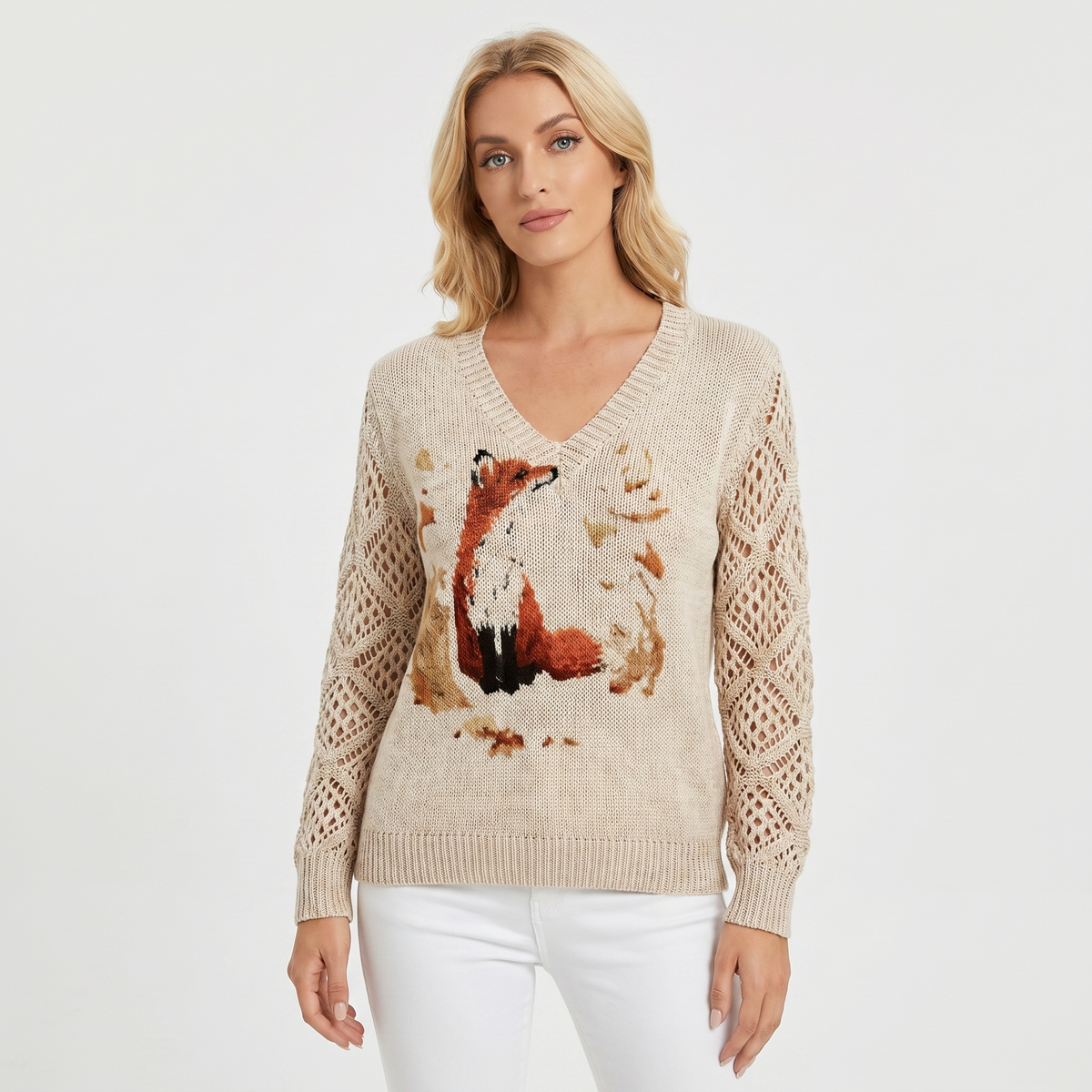 Women's Floral Jacquard Knit Sweater V-Neck Crochet Sleeve Pullover Top