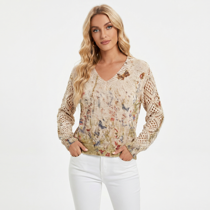 Women's Floral Jacquard Knit Sweater V-Neck Crochet Sleeve Pullover Top