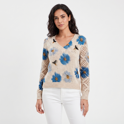 Women's Floral Jacquard Knit Sweater V-Neck Crochet Sleeve Pullover Top
