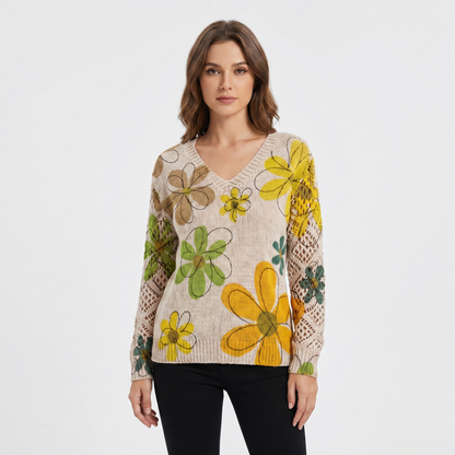 Women's Floral Jacquard Knit Sweater V-Neck Crochet Sleeve Pullover Top