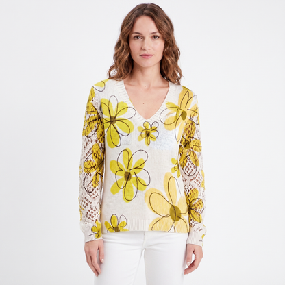 Women's Floral Jacquard Knit Sweater V-Neck Crochet Sleeve Pullover Top