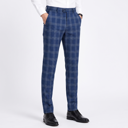 Men's Slim-Fit Plaid Dress Windowpane Check Flat Front Suit Autumn Pants
