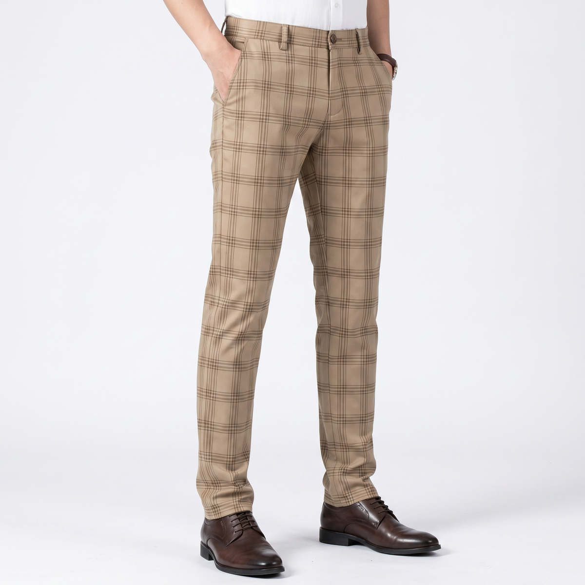 Men's Slim-Fit Plaid Dress Windowpane Check Flat Front Suit Autumn Pants