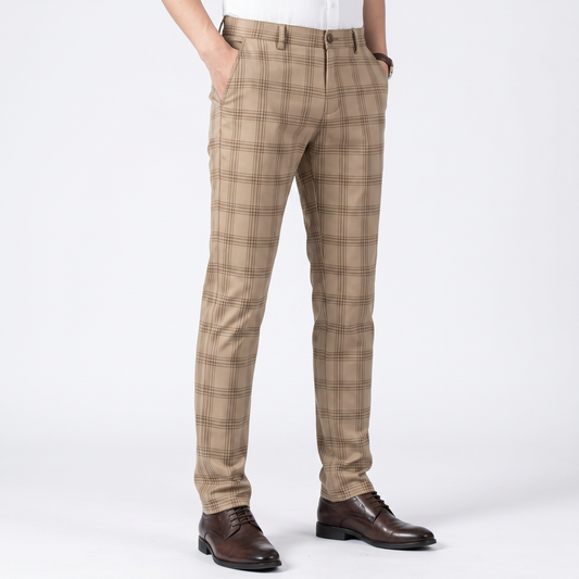 Men's Slim-Fit Plaid Dress Windowpane Check Flat Front Suit Autumn Pants